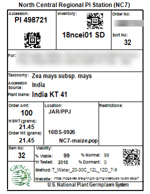 A seed packet label for corn (Zea mays subspecies mays) showing origin, accession number, and germination information.