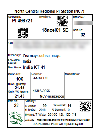 A seed packet label for corn (Zea mays subspecies mays) showing origin, accession number, and germination information.