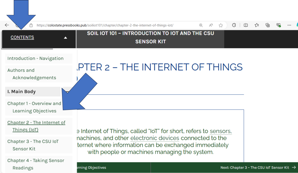 Screenshot with arrows pointing to "contents" button at the top and drop-down menu of chapter titles.